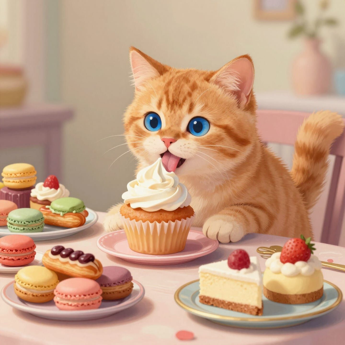 Playful Kitten Enjoys Cupcake Amidst Dessert Feast