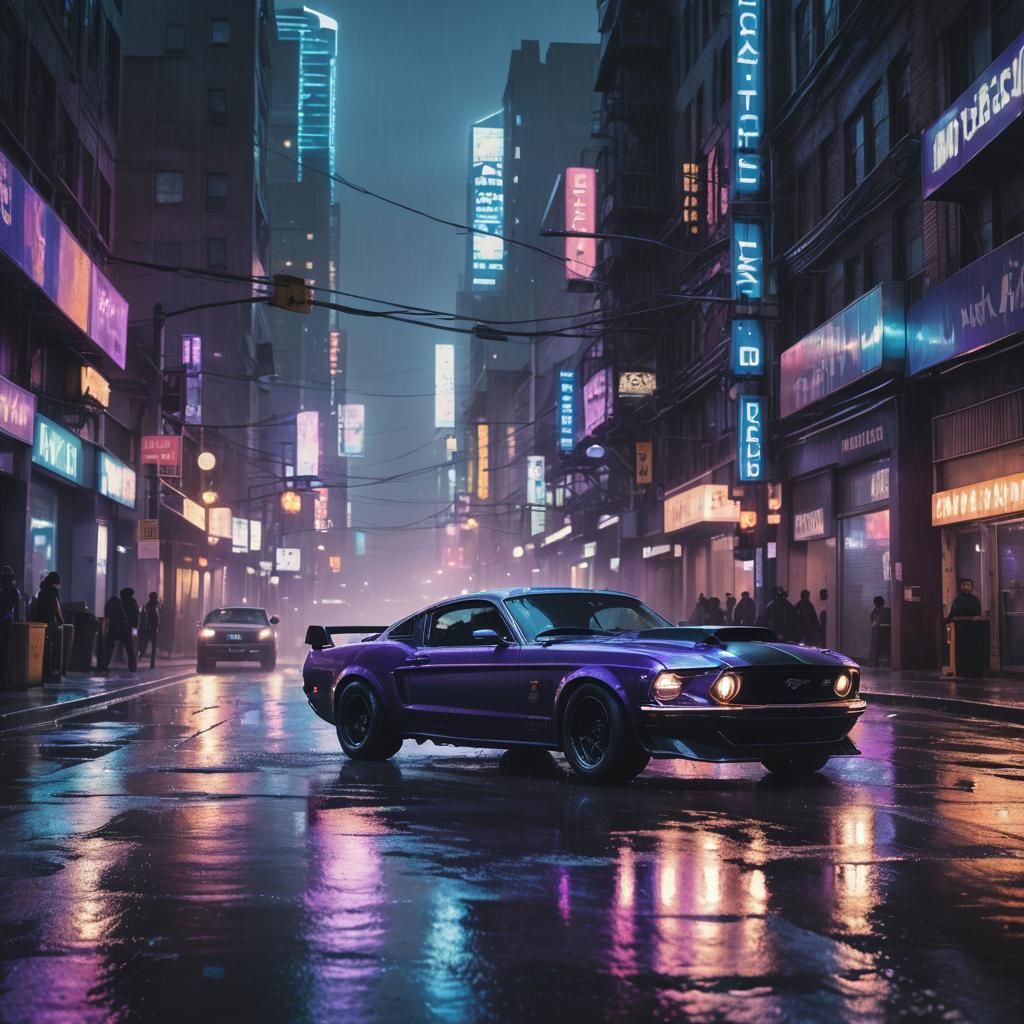 Futuristic Mustang Races Through Neon Cityscape