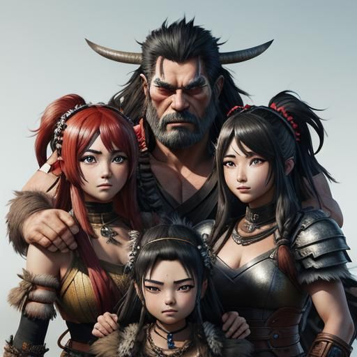 Barbarian Family Portrait in 3D Anime Art Style