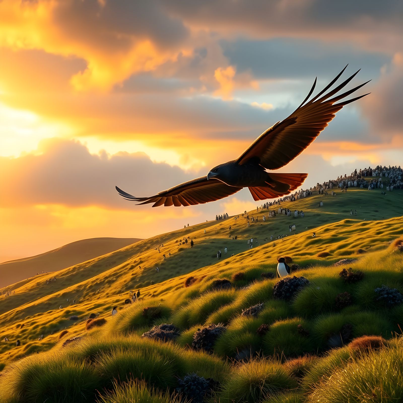 Striated Caracara Soars Over Falkland Islands Landscape with...