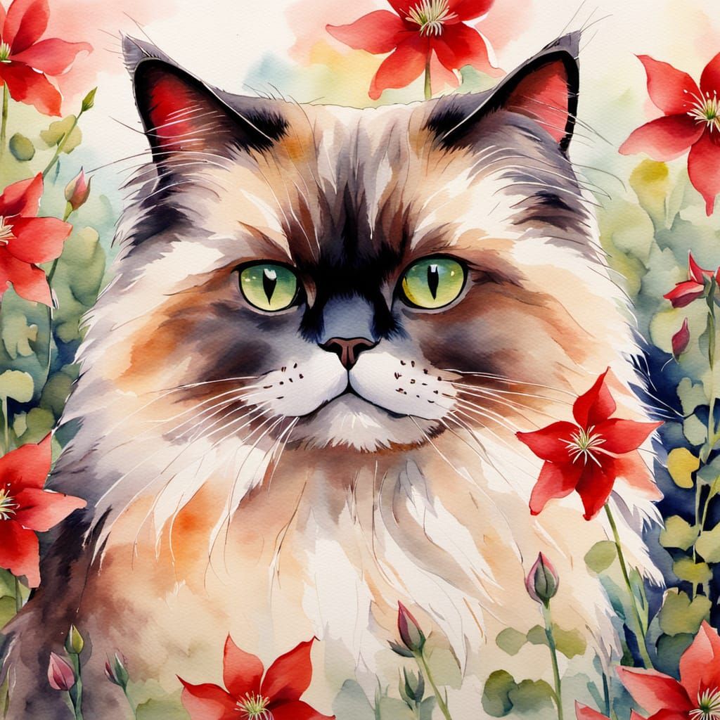 Himalayan Cat Among Columbine Flowers Watercolor
