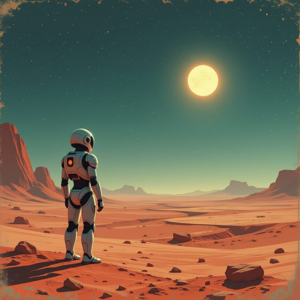 Android's Cosmic Isolation: Vintage Illustration of Alien Pl...