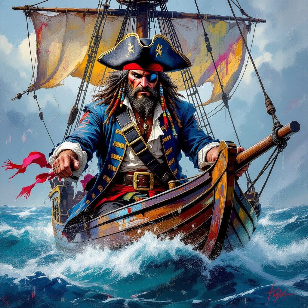 Pirate Captain Steers Sailboat in Vibrant Graffiti Art Style