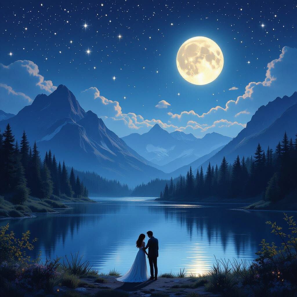 Lovers Under Starry Night Sky with Full Moon Over Mountains