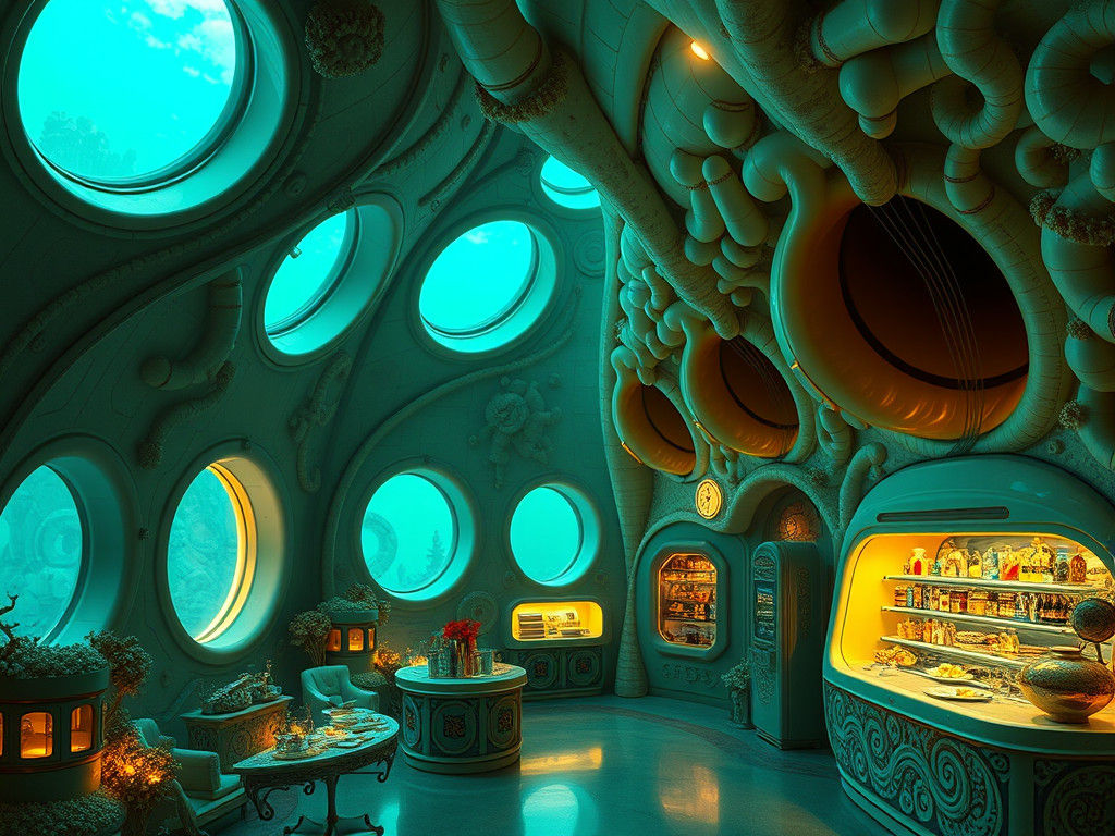 Extraterrestrial Gas Station Interior in Cosmic Surrealism