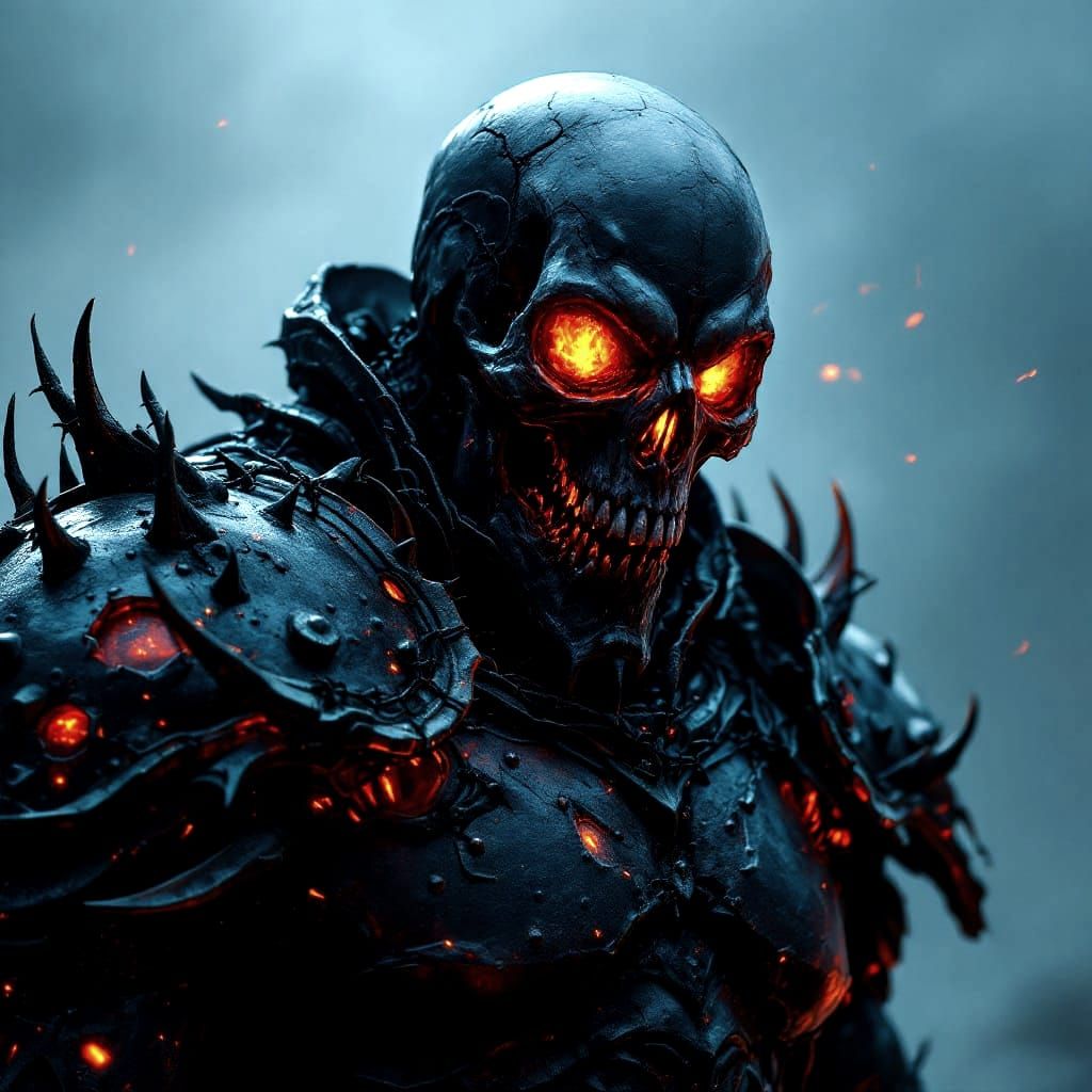 Muscular Skull Man in Satanic Combat Armor