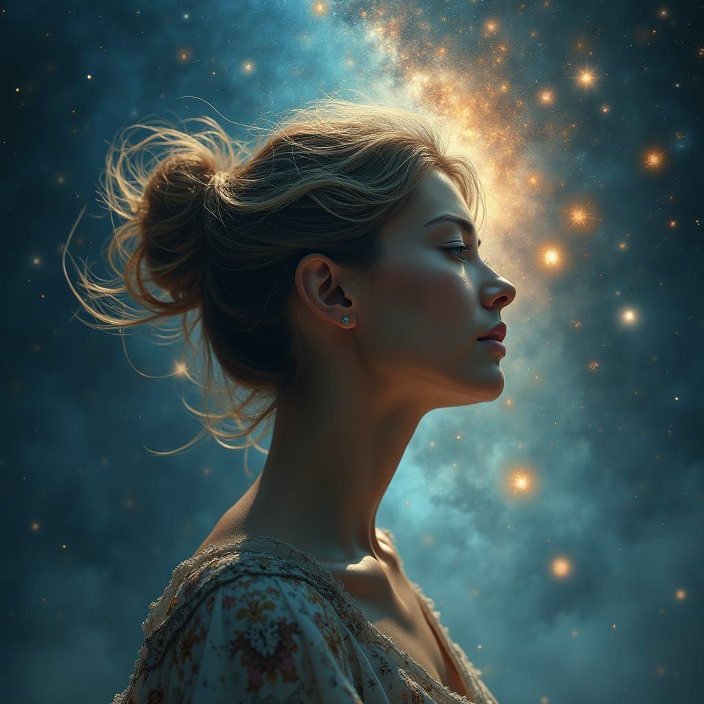 Mystical Woman Under Golden Aura in Realistic Celestial Land...