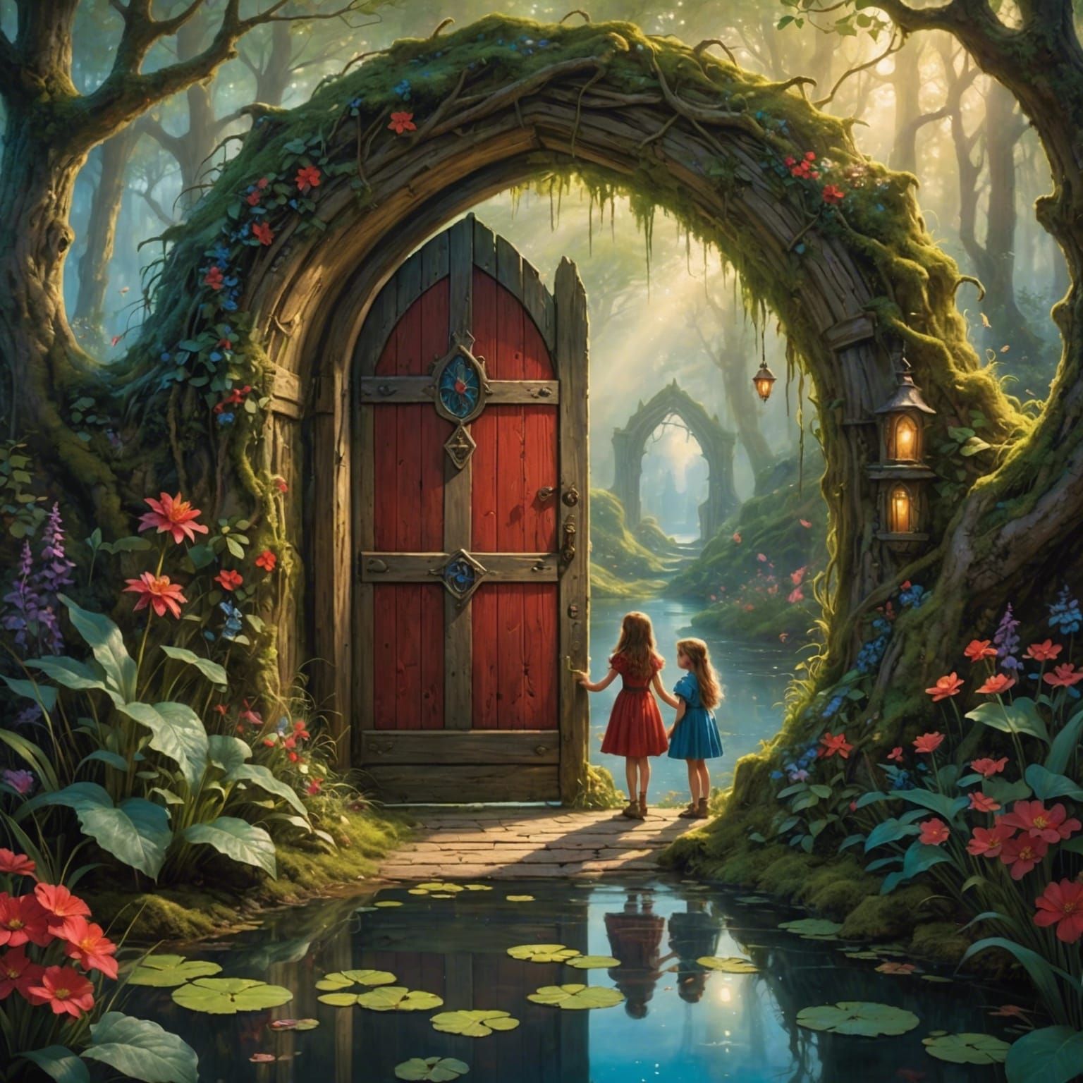 Magical Swamp Scene with Children in Doorway
