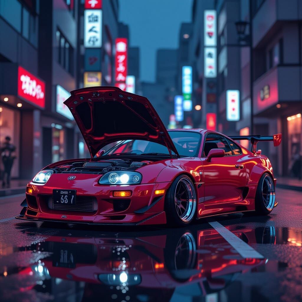 Widebody Supra MK4 in Cherry Red on Neon Tokyo Street