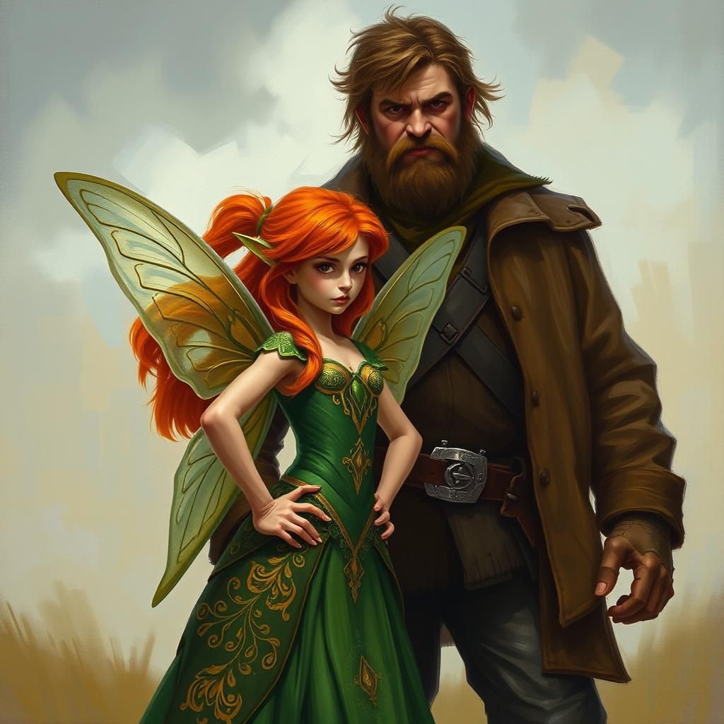 Furious Fairy Confronts Man in Oil Painting Style