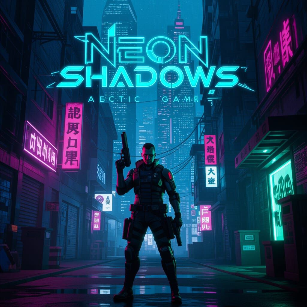 Cyberpunk Mercenary in Neon Alleyway, Cinematic Game Cover