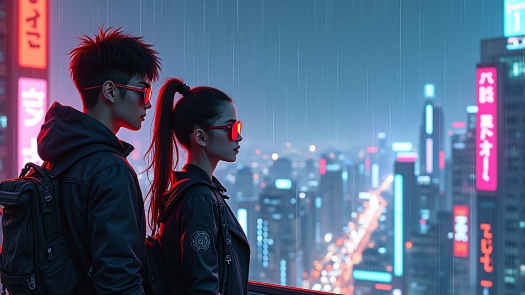 Cyberpunk Couple Gazing at Neon Tokyo Skyline