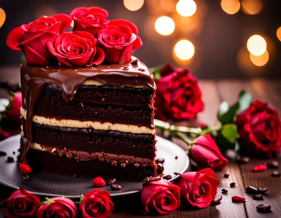 A beautiful chocolate cake with red roses surrounding.