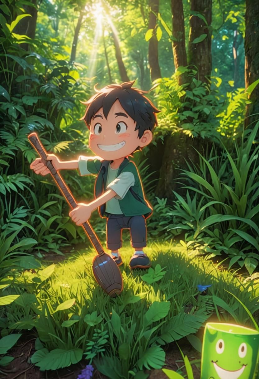 Euphoric Man in Lush Anime-Inspired Forest