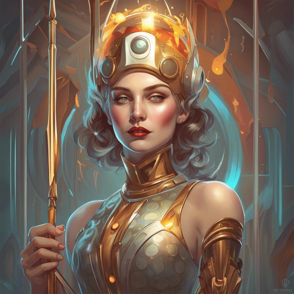 Robot Queen of Wands in Retrofuturist Style