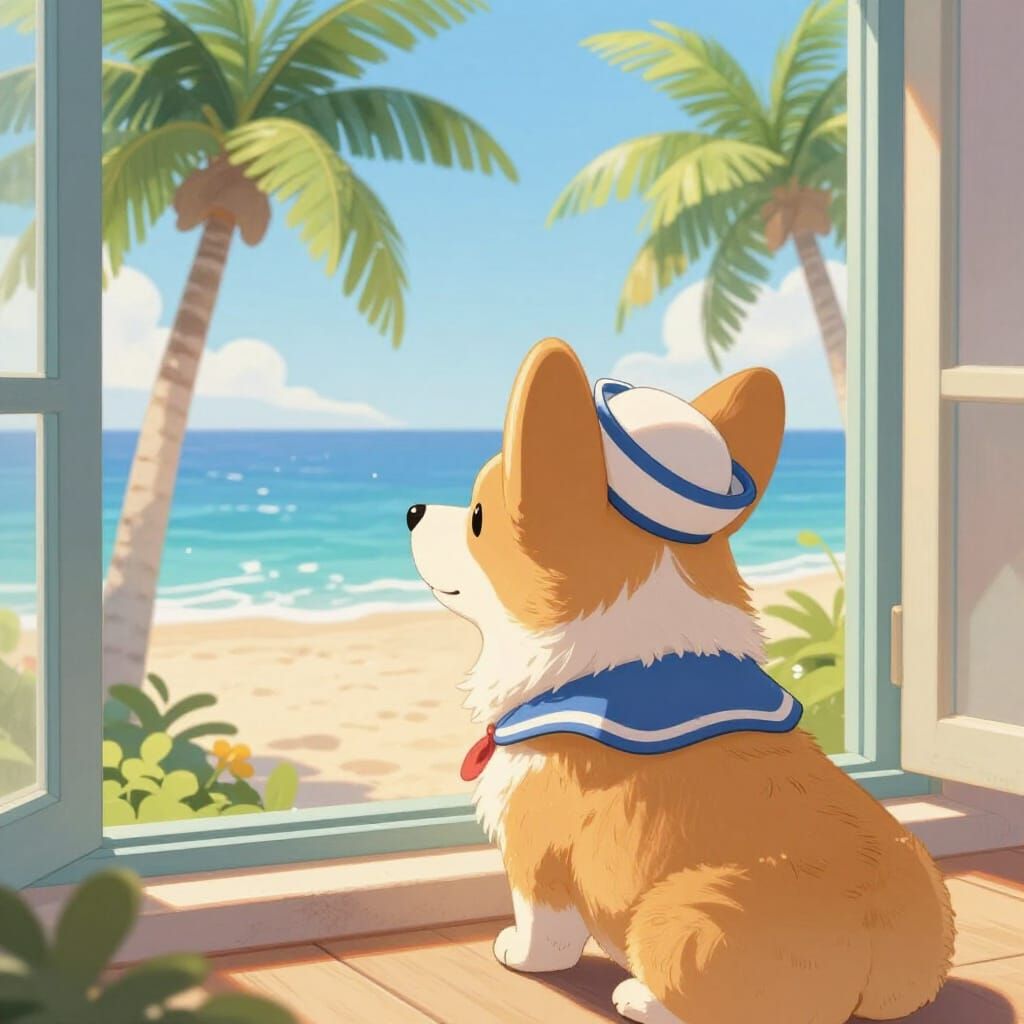 Cute Corgi in Sailor Hat at Tropical Resort