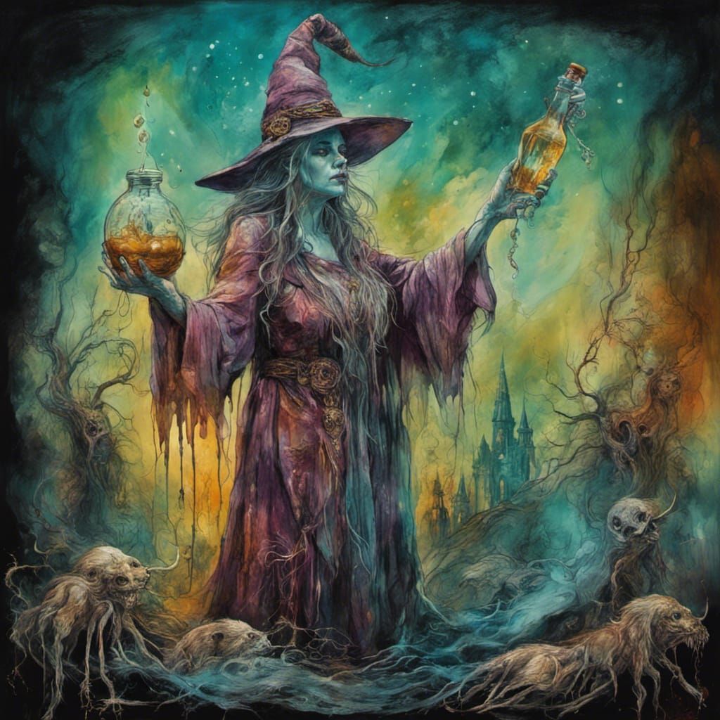 Cursed Brewmaster Witch in Surrealist Dreamscape