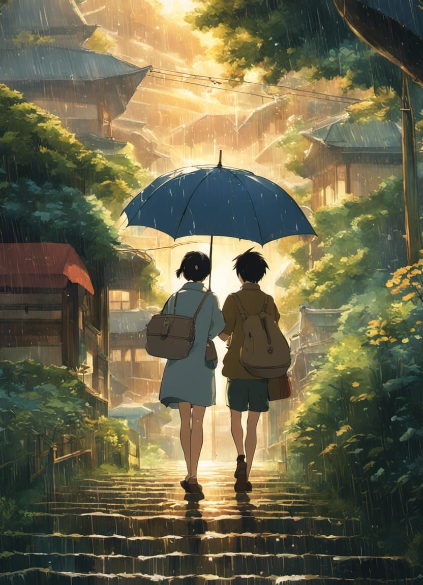 Anime Rain Scene in Studio Ghibli Style