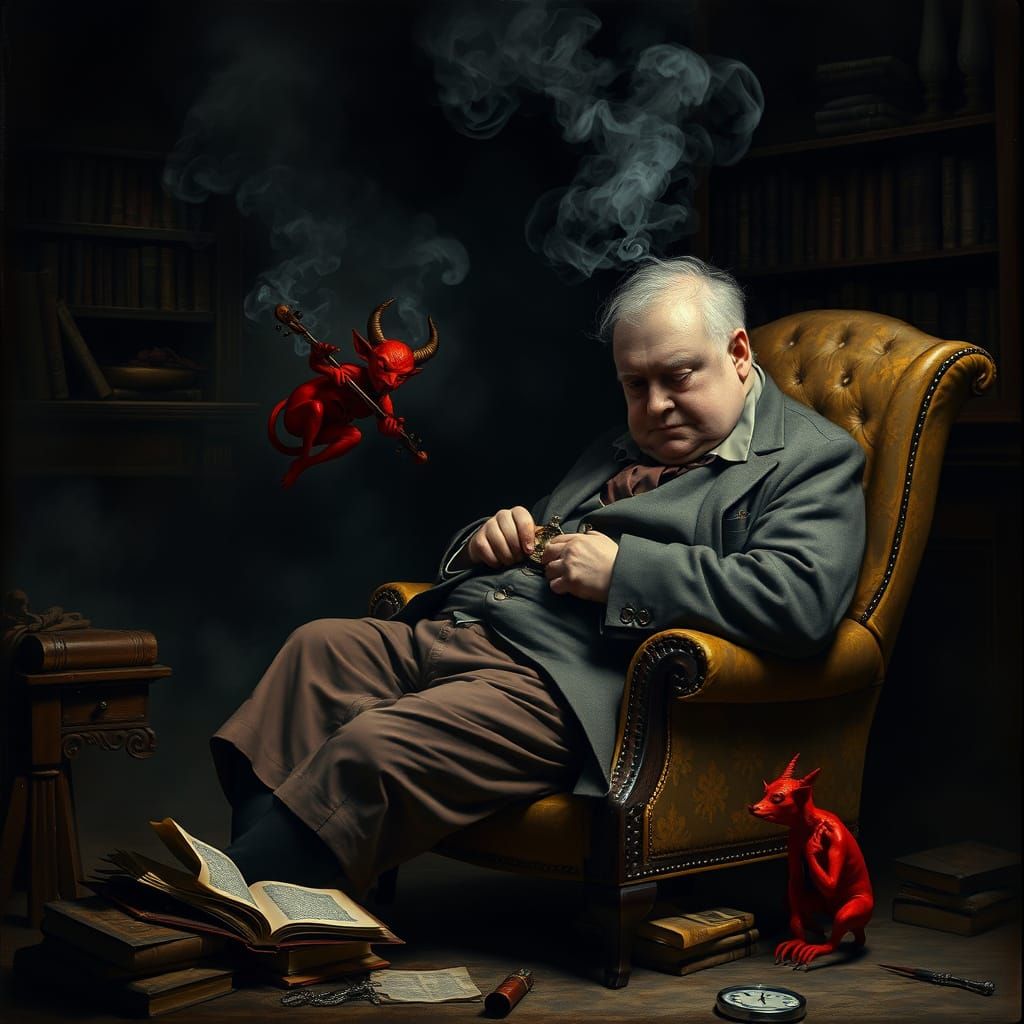 Vintage Man and Demon in Rembrandt-Style Scene