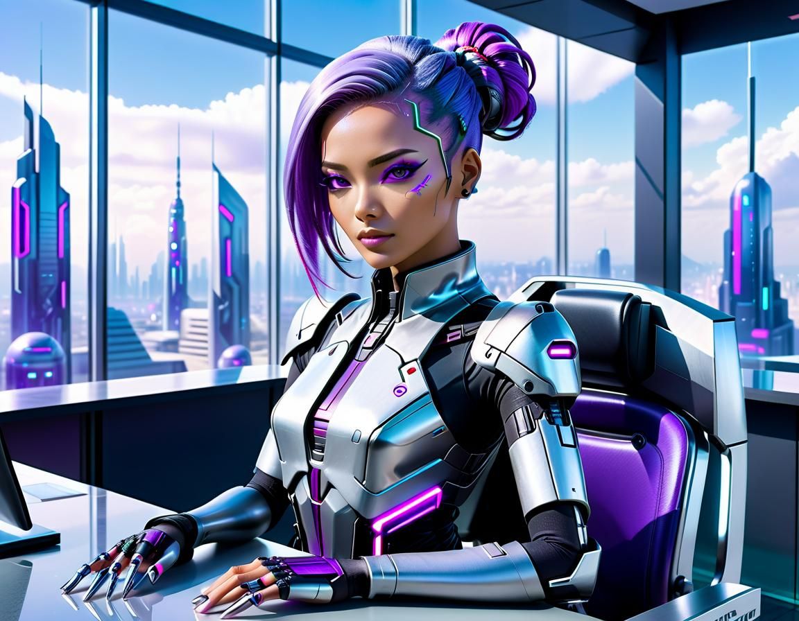 Android Receptionist in Cyberpunk Law Firm