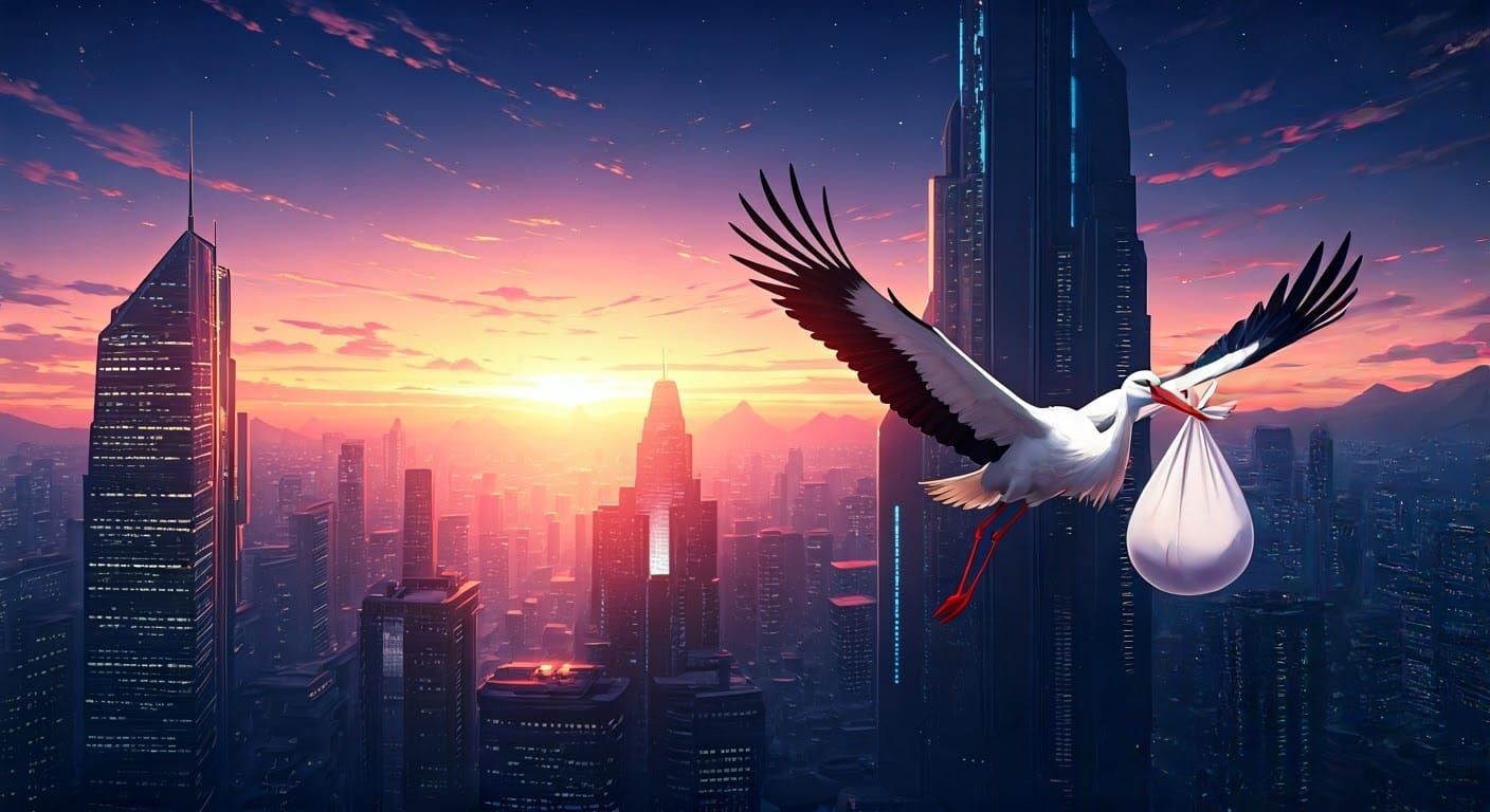 Storks Deliver Babies to Futuristic City, Anime Style