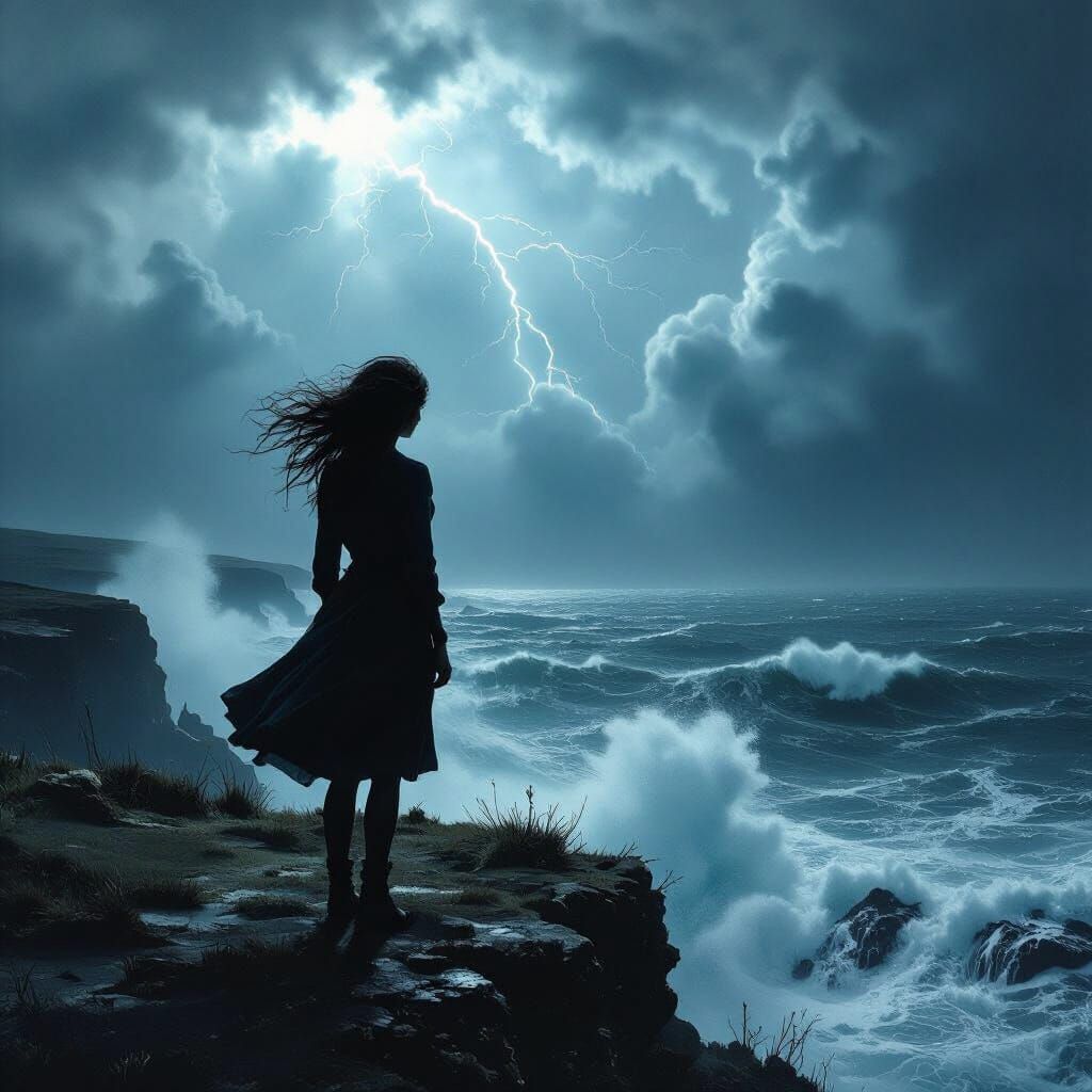 Girl on Cliff Overlooking Stormy Sea in Vintage Photo Style