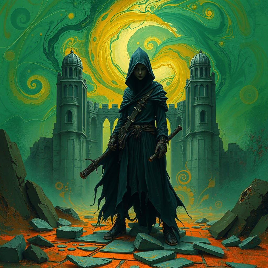 Ethereal Monastery Ruins in Emerald Green and Amber