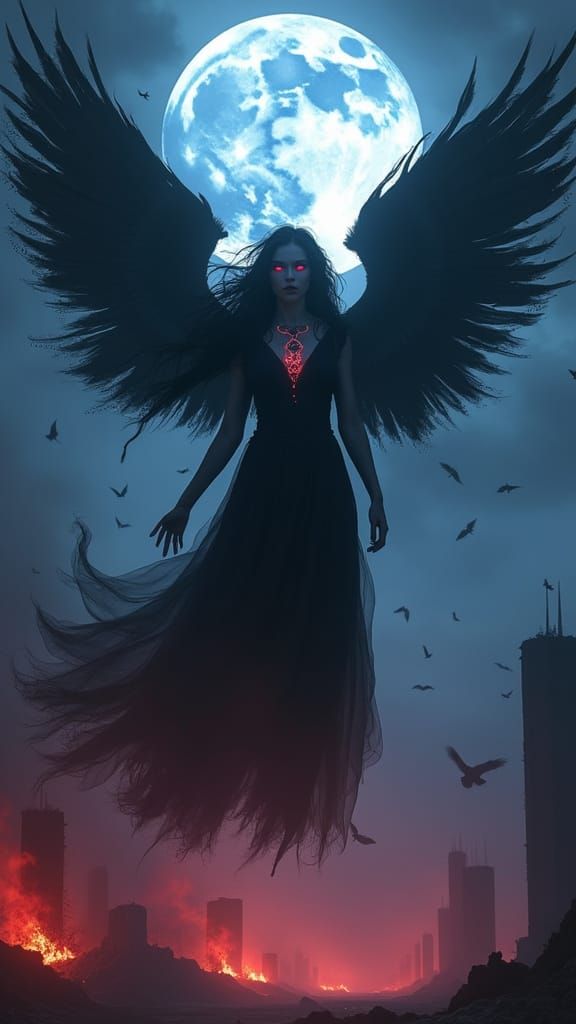 Celestial Dark Goddess Under Moonlit Haze