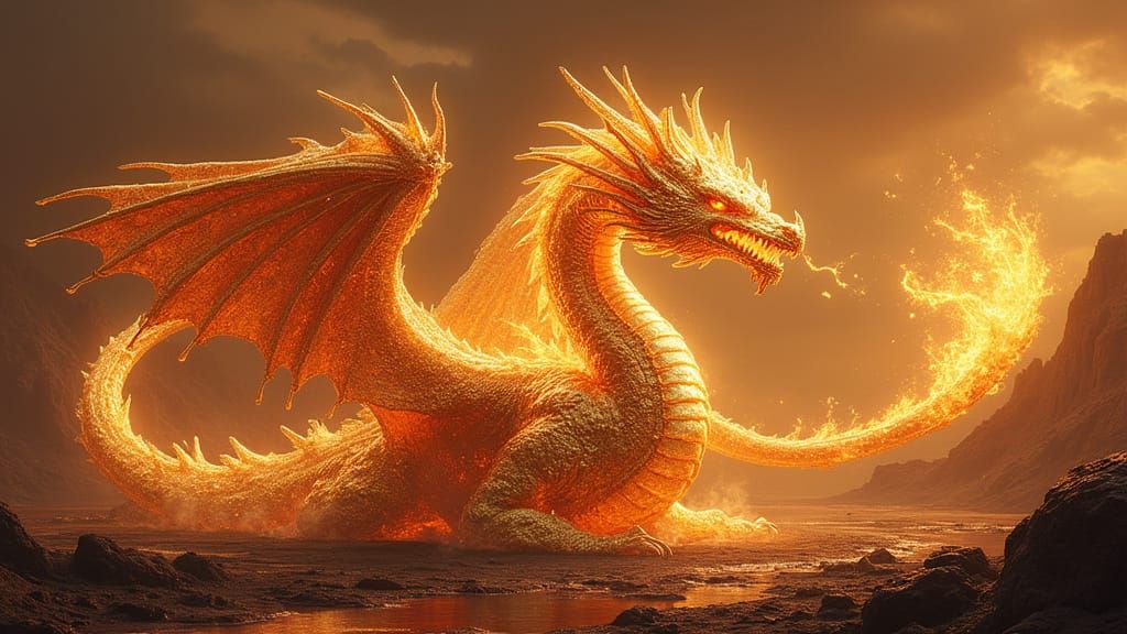 Majestic Molten Gold Dragon in Volcanic Landscape