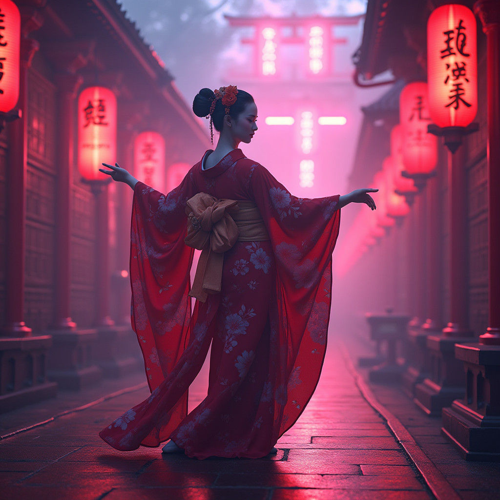 Geisha Dancer in Neon Environment with God Rays