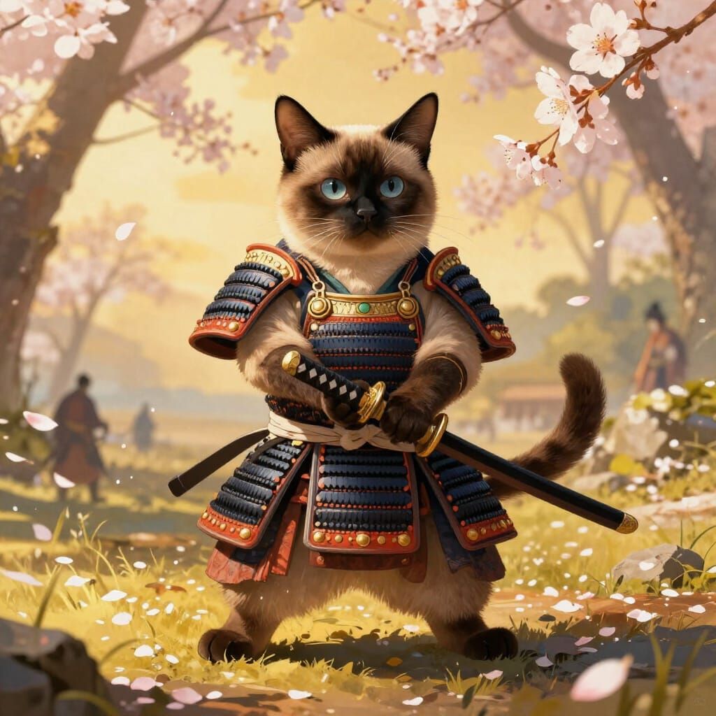 Siamese Samurai Cat on Battlefield in Golden Hour