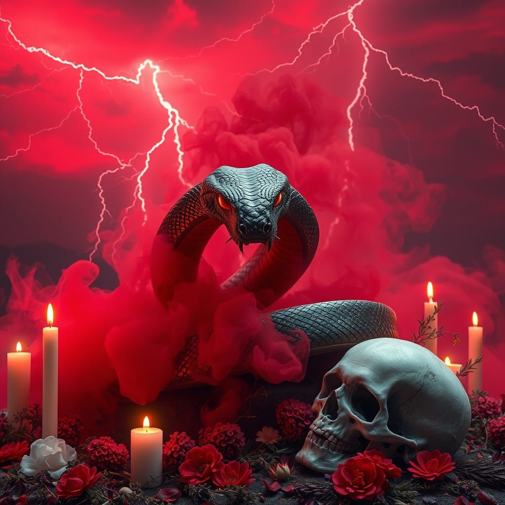 Metallic Snake Uncoils in Fiery, Lightning-Struck Landscape