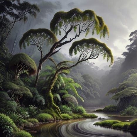 A Photorealistic Rainforest Scene from the Triassic Era