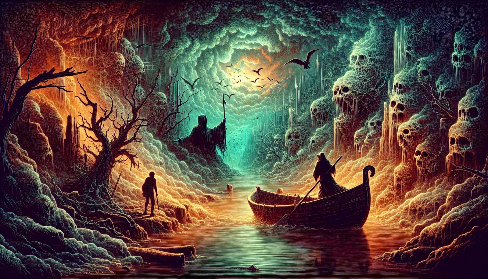 Ominous Ferryman in Gloomy, Dramatic Horror Scene