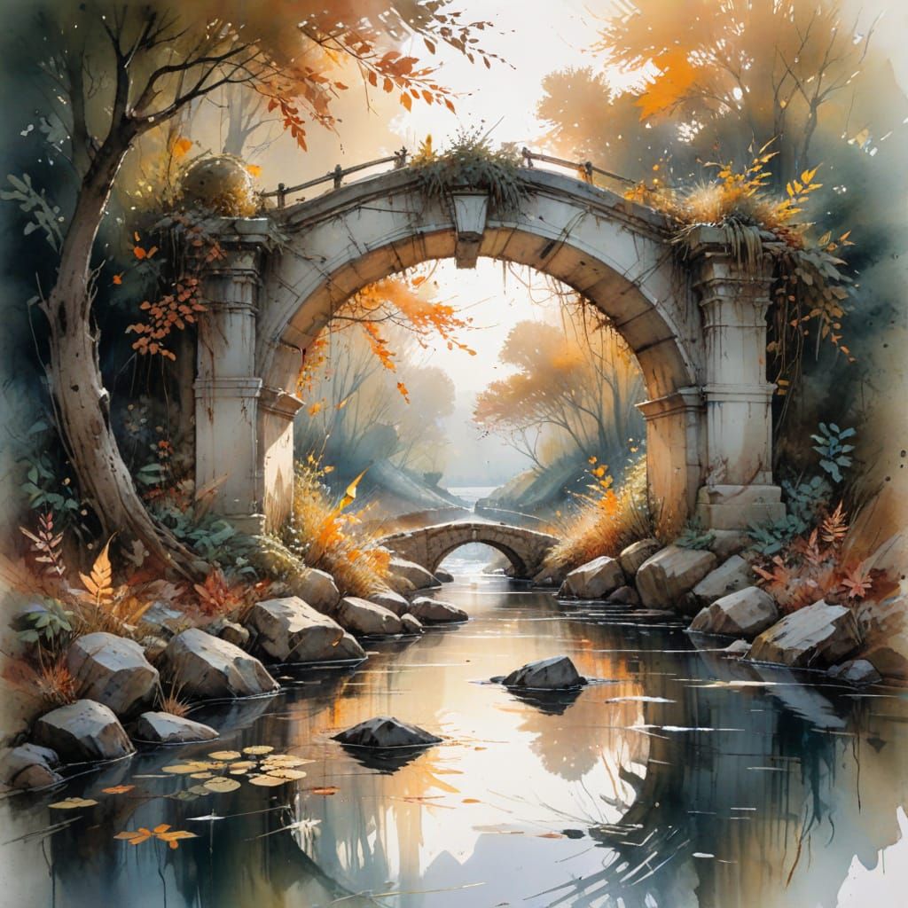 Ethereal Autumn Bridge Scene in Whimsical Watercolour Style