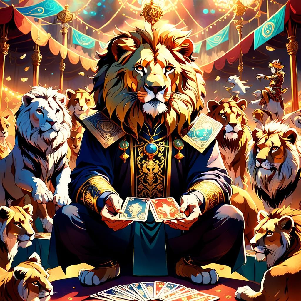 Anime Lion Tamer with Tarot Cards in Circus