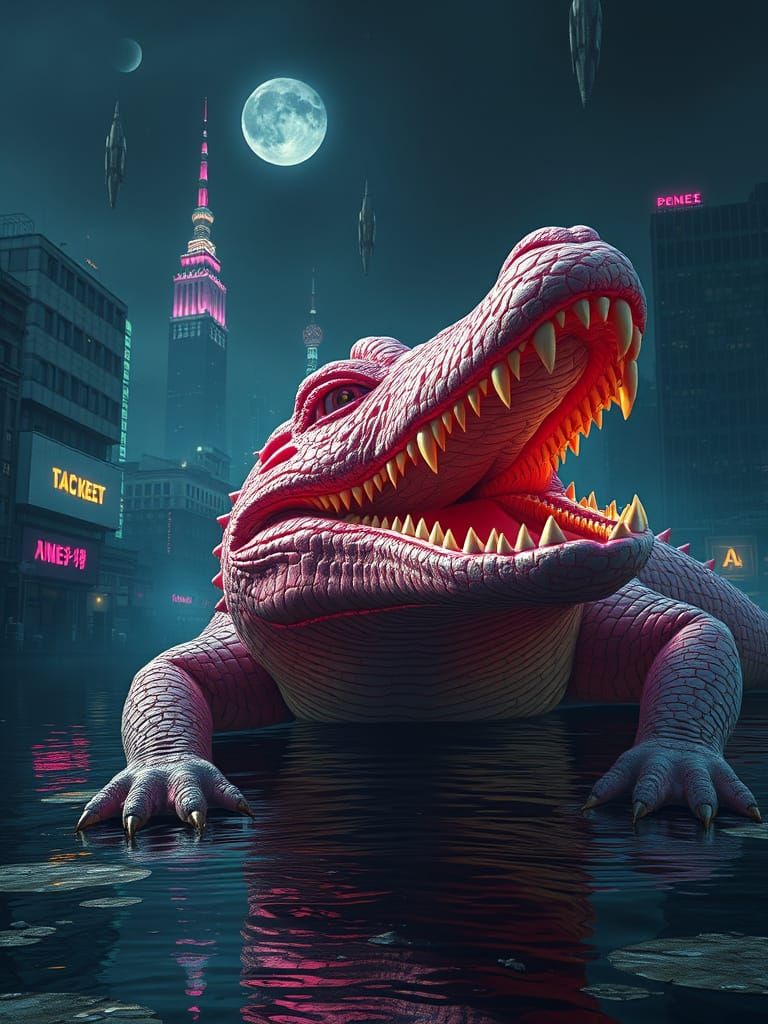Dada Crocodile in a Night City, Airbrush Art