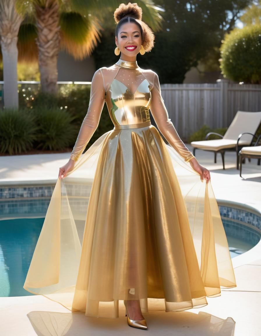 Woman in Sheer Gold Ballgown by Pool