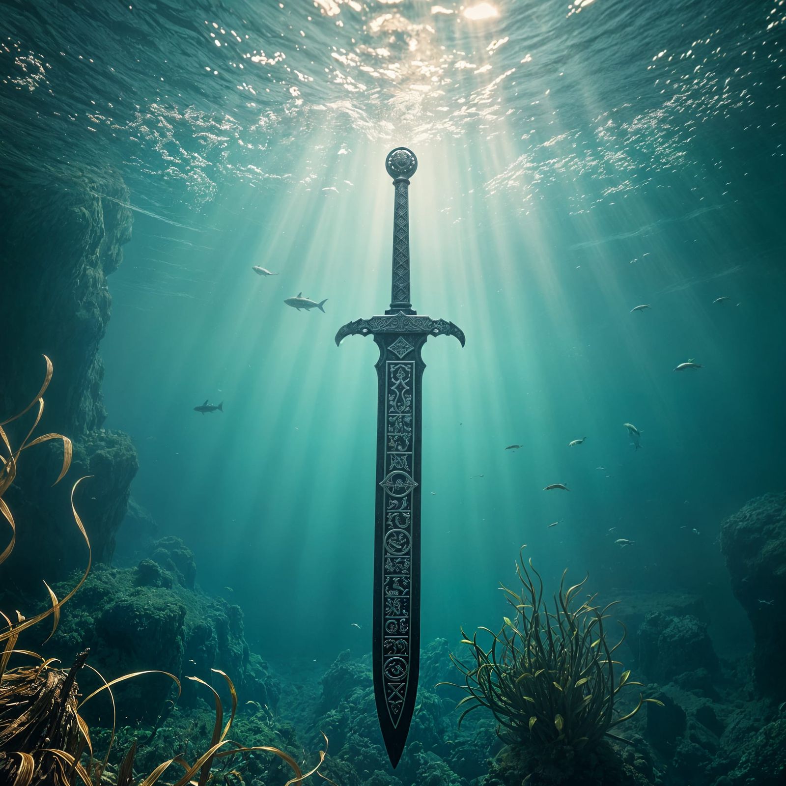 Epic Underwater Sword in Digital Matte Painting Style