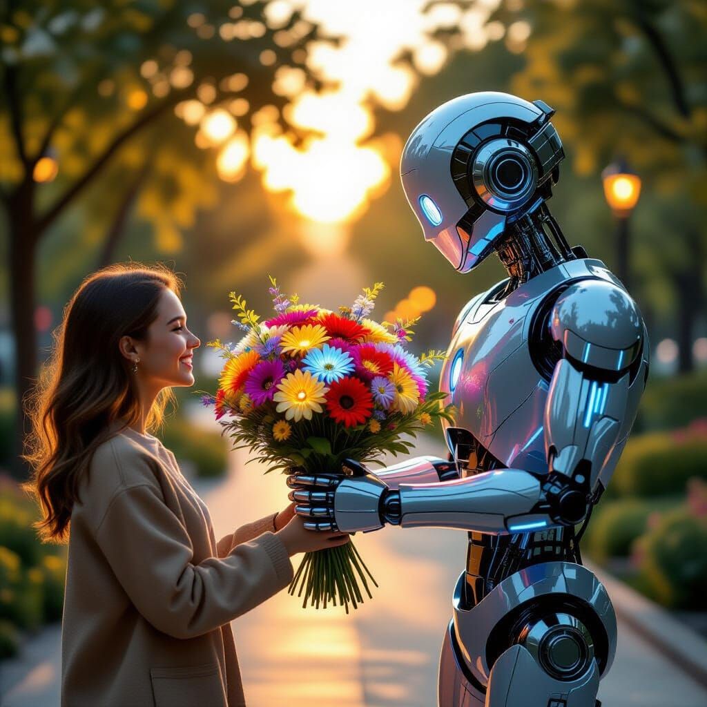 Robot Offers Bioluminescent Flowers in Futuristic Park