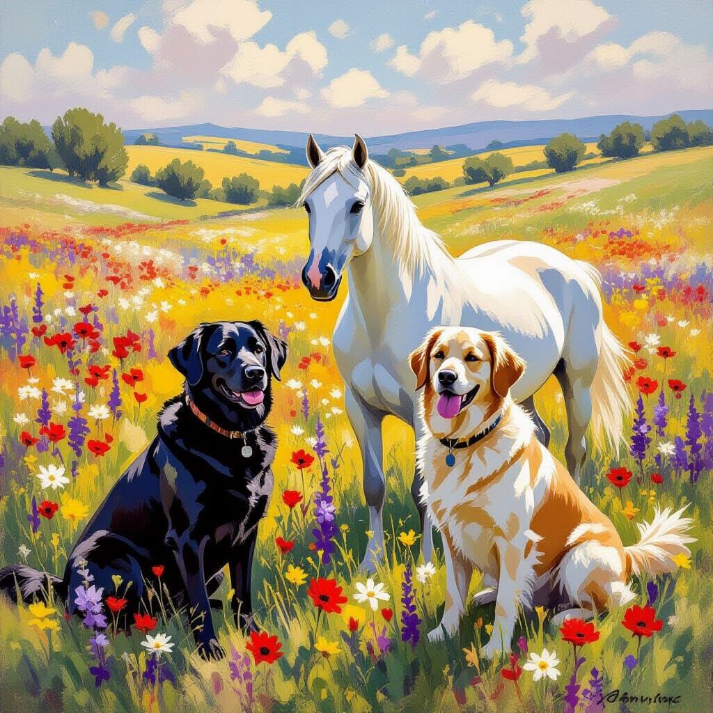 Dogs and Horse in Sunlit Wildflower Meadow, Impressionist St...