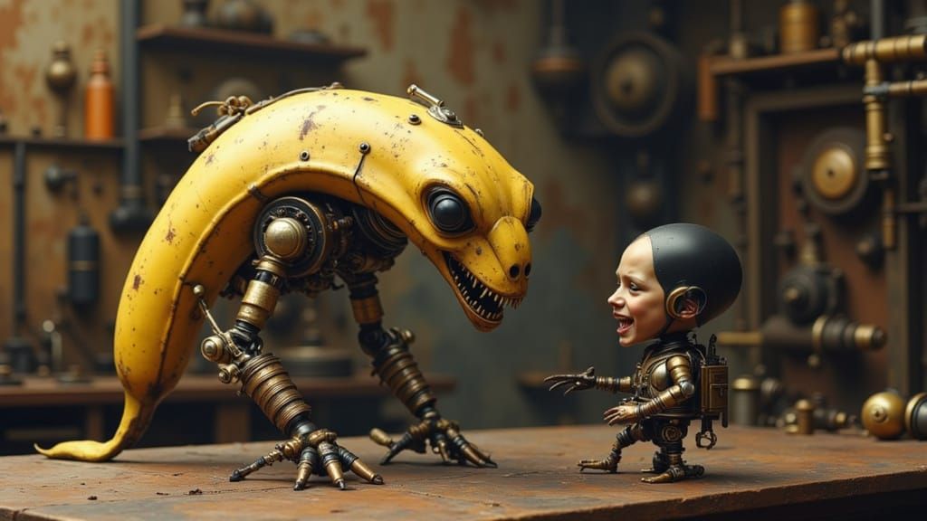 Steampunk Banana Fights Mechanical Boy in Brass Workshop