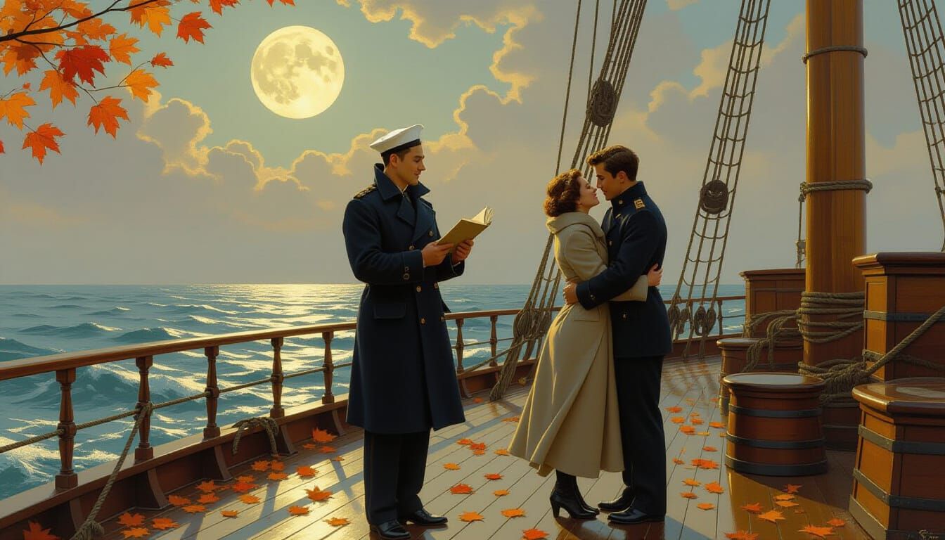 Romantic Serenade on Deck in Autumnal Moonlight