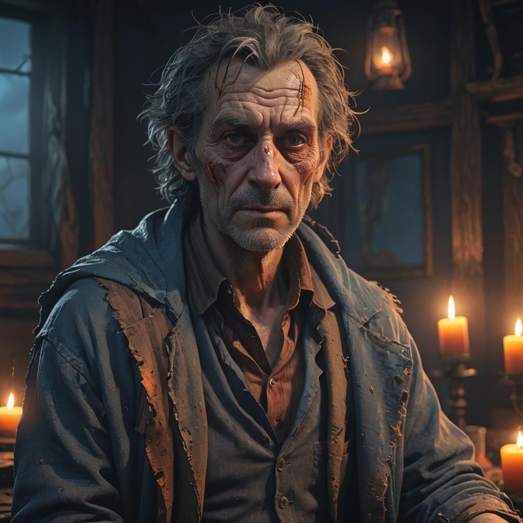 Creepy Man in Rags: Cinematic Film Still