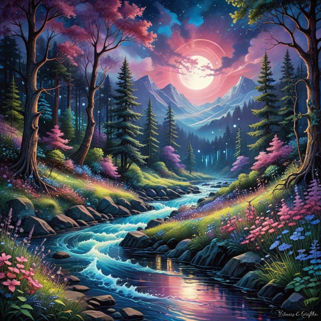 Dreamy Watercolor Landscape with Enchanted Forest and Night ...