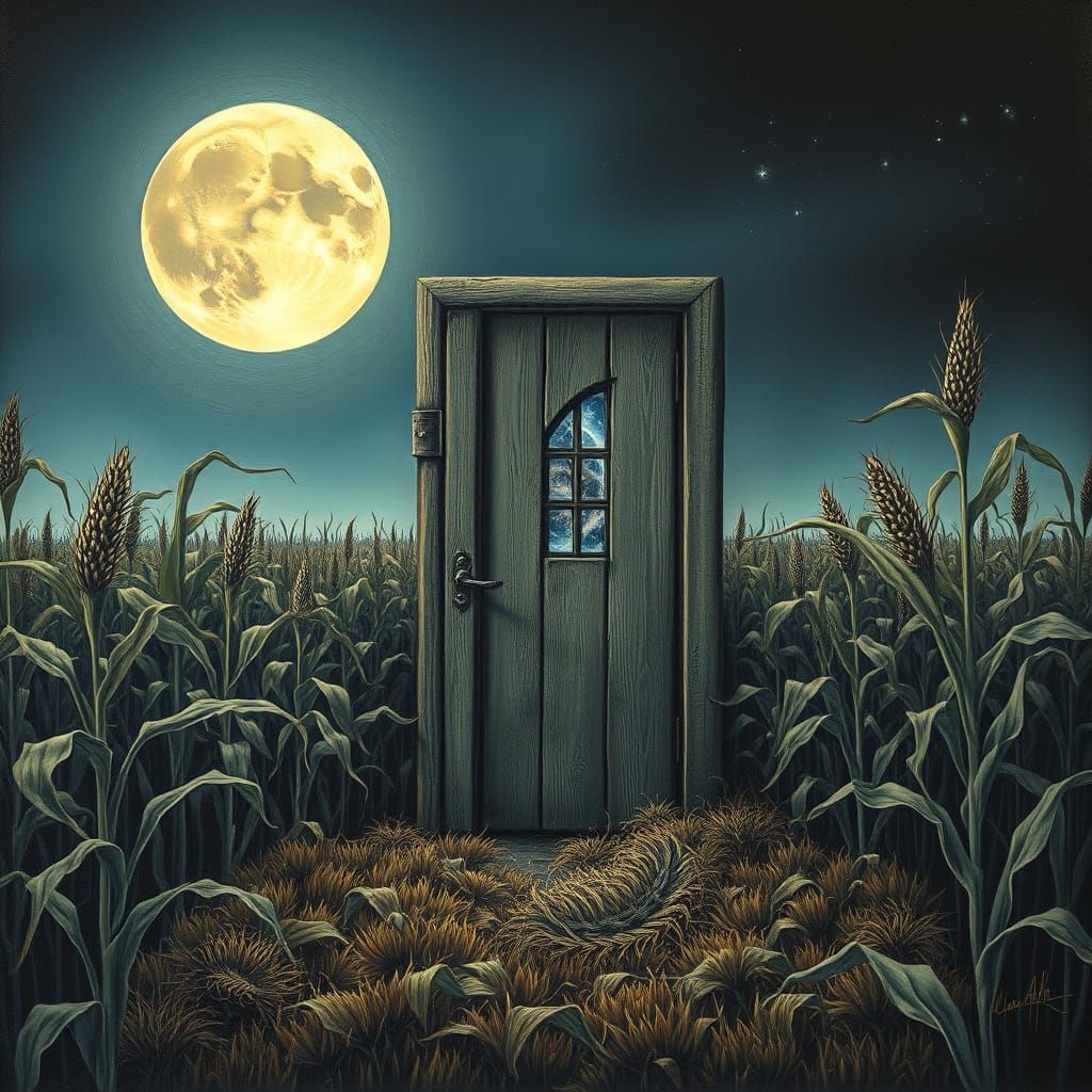 Surreal Doorway to Galaxy in Desolate Cornfield