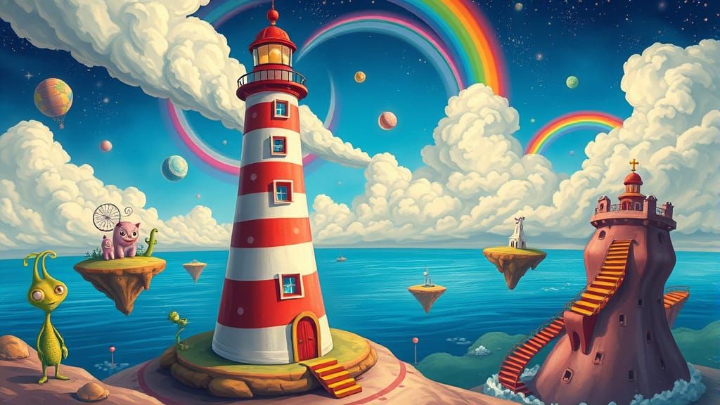 Colorful Lighthouse in Surreal Dreamscape, Cartoon Style