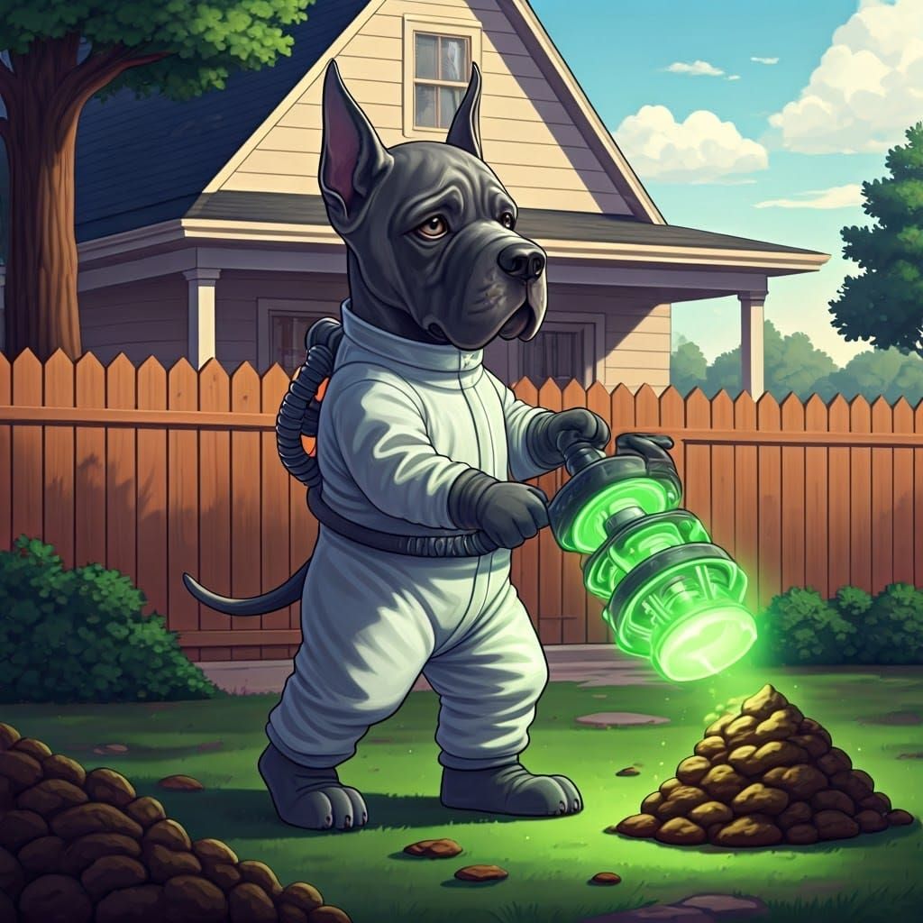 Chibi Great Dane in Chemical Suit Vacuums Dog Dung