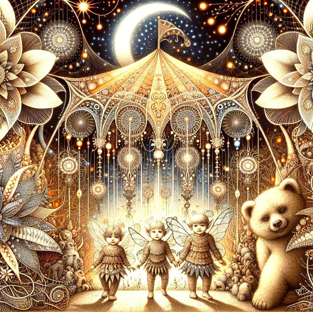 Magical Realism Scene with Fairies, Flowers, and a Bear