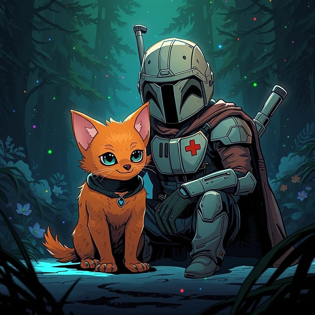 Penguin and Puppy's Forest Bond in Comic-Book Style